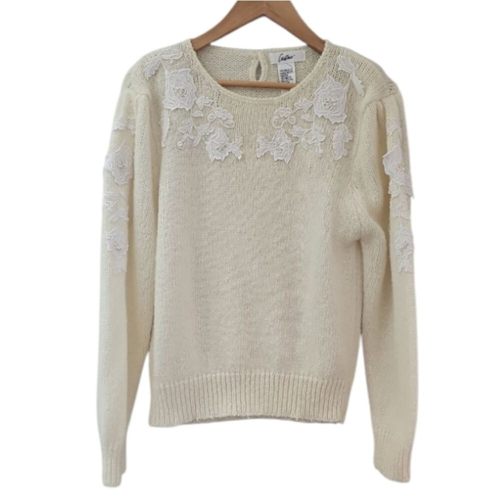 Vintage Lace Sweater M White Pearl Beaded Floral 90s Romantic Cottagecore